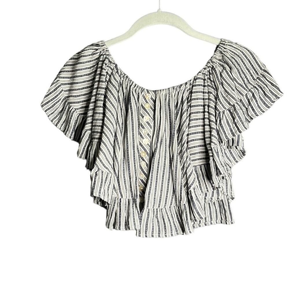 Angie Navy Blue White Striped Ruffled Off Shoulder Crop Top Small